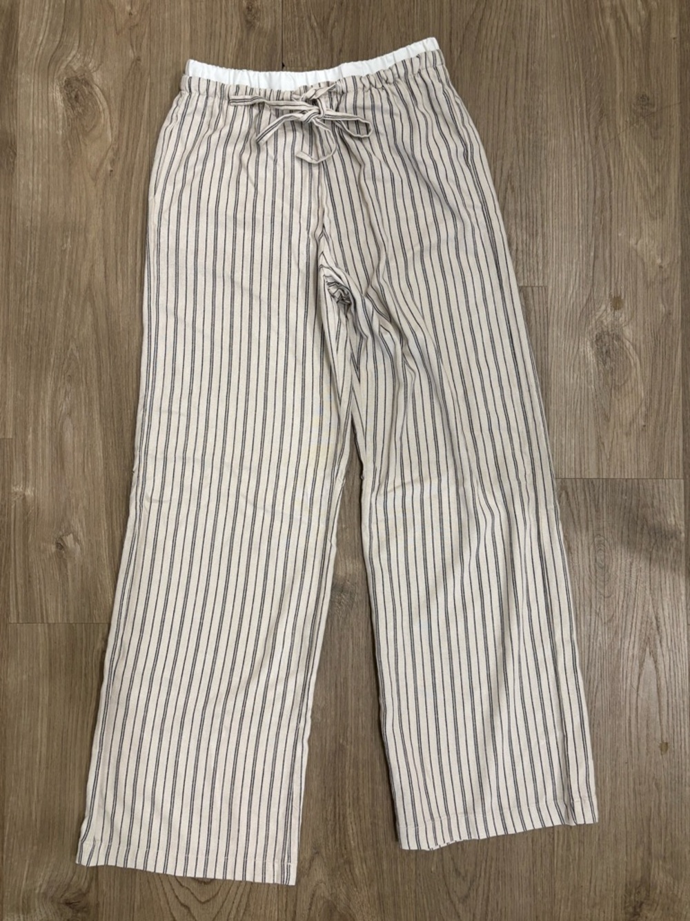 Lightweight Striped Drawstring Linen Pants - Cream with Navy Stripes Size Medium